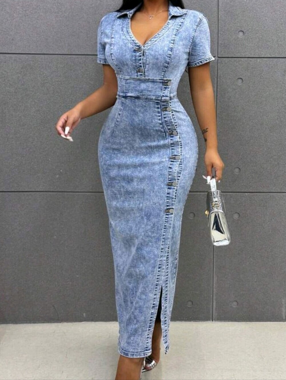 Slim-Fit Light Blue Denim Maxi Dress with Side Button Detail